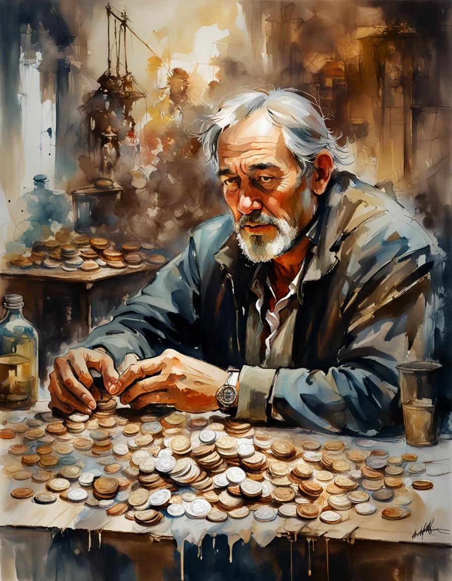 Medieval Money Lender in Watercolor Style