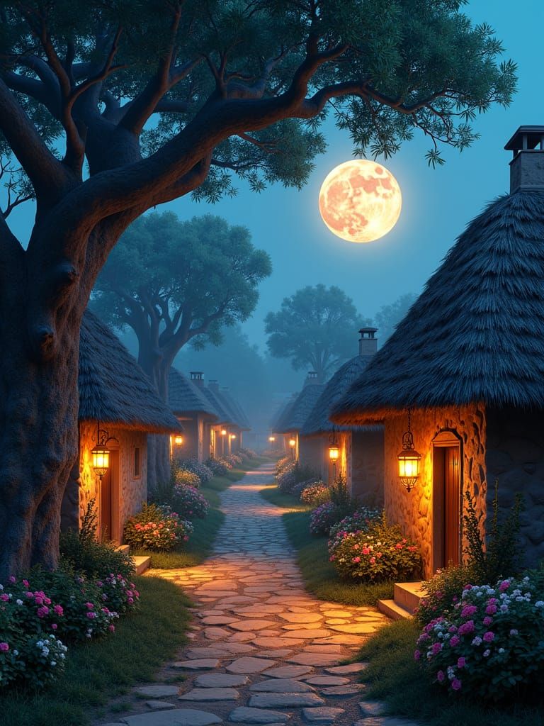 Enchanted Village at Dusk with Glowing Lanterns