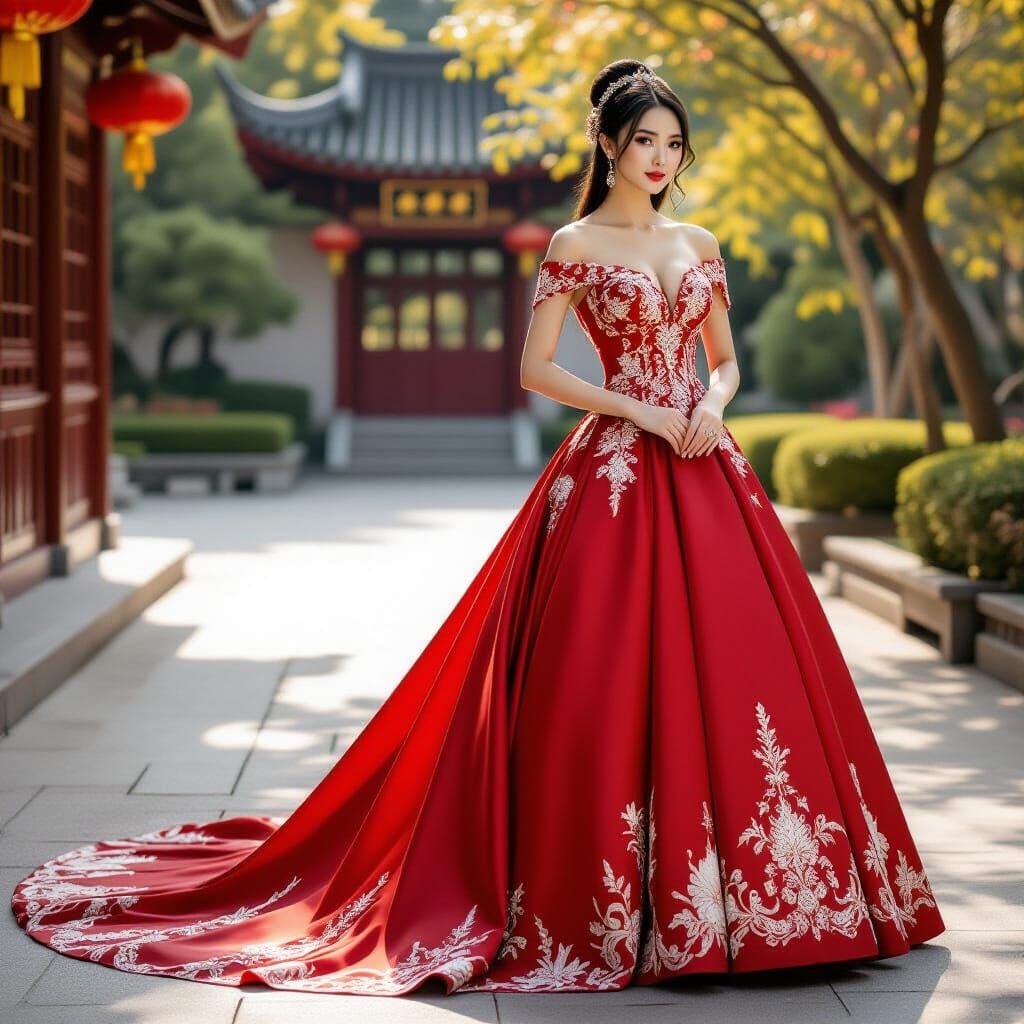 Elegant Chinese Woman in Red Satin Wedding Dress