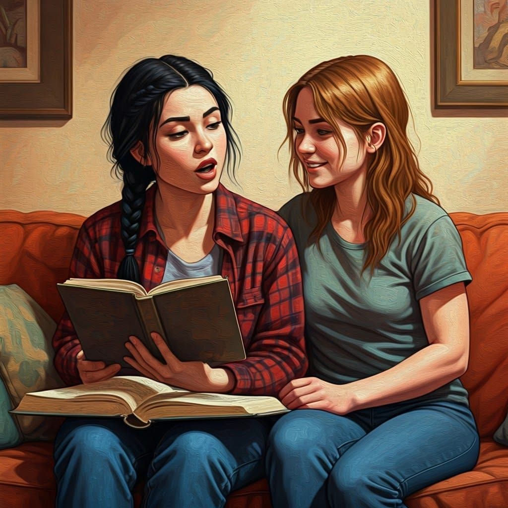 Romantic Reading: Two Women in Oil Painting Style