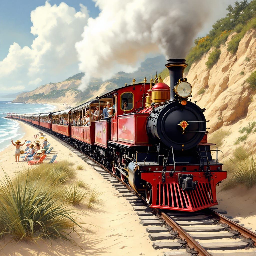 Vintage Steam Train on Coastal Line in Nostalgic Style