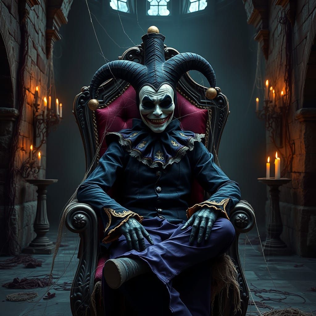 Gothic Jester in Desolate Castle Ruins
