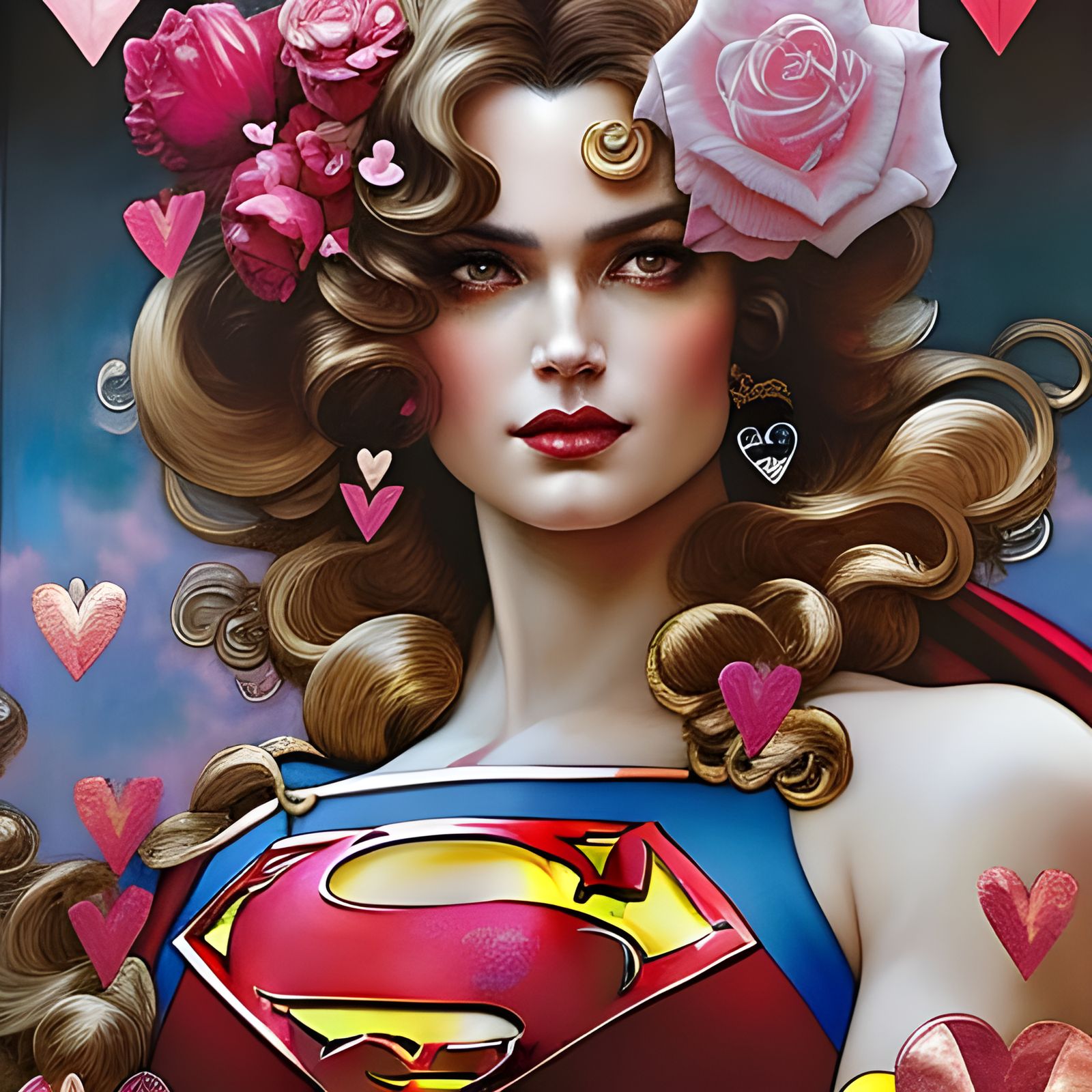 Superman Surrounded by Hearts in Rococo Style