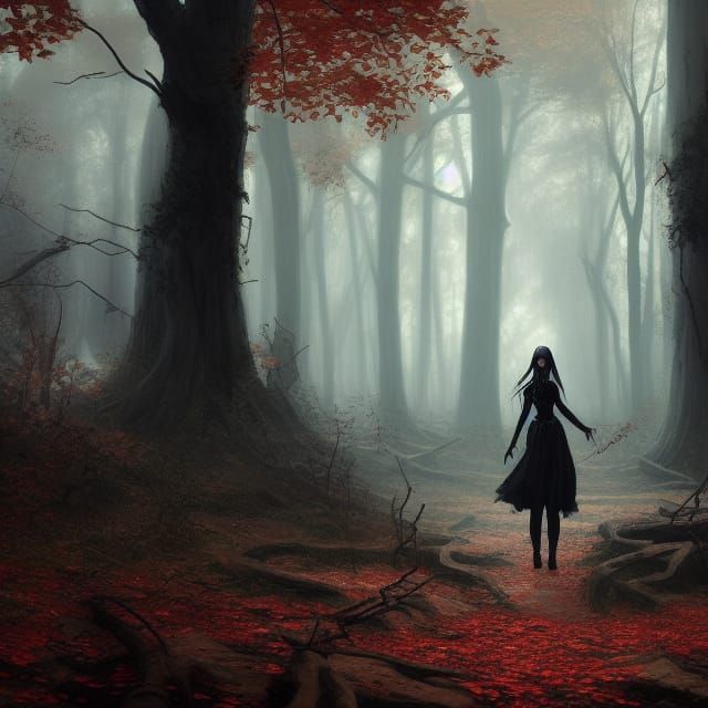 Gothic Girl in Autumn Forest, Dark Fantasy Art