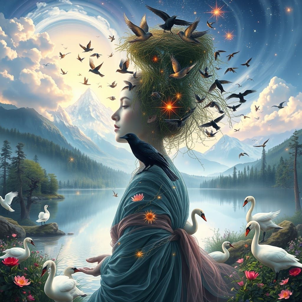 Ethereal Woman of Strings Amidst Cosmic Nature