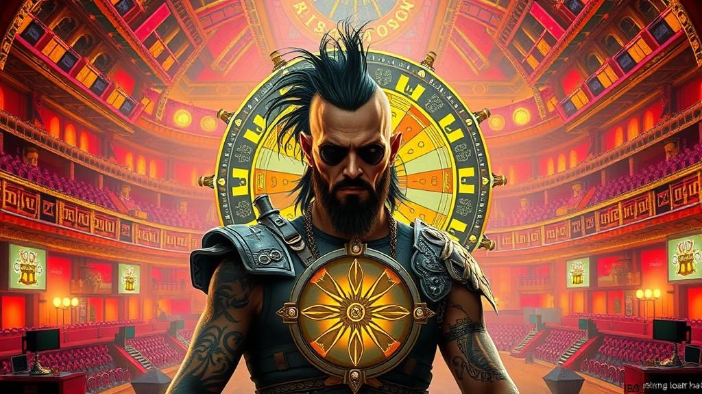 Punk Warrior in Cyberpunk Colosseum, Oil Painting Style