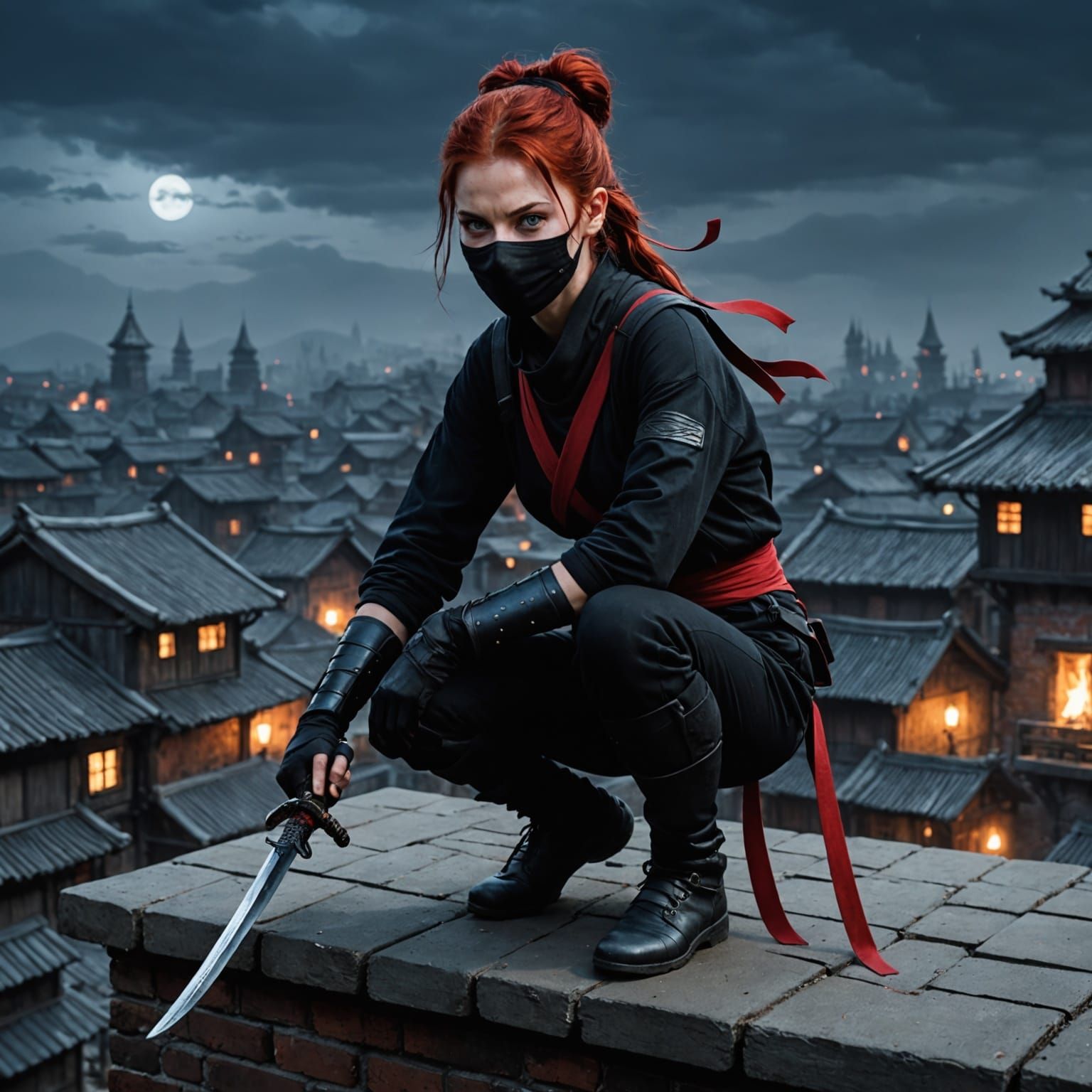 Mysterious Female Ninja Crouching on Rooftop at Night