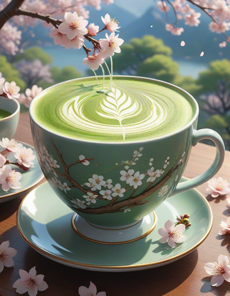 Matcha Latte and Cherry Blossoms in Anime Style