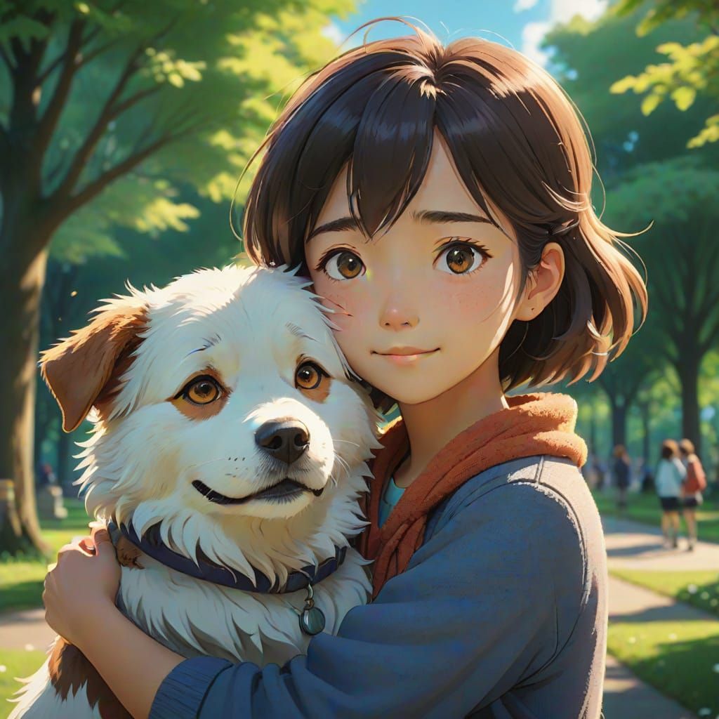 Anime Portrait of Person Hugging Dog in Ghibli Style