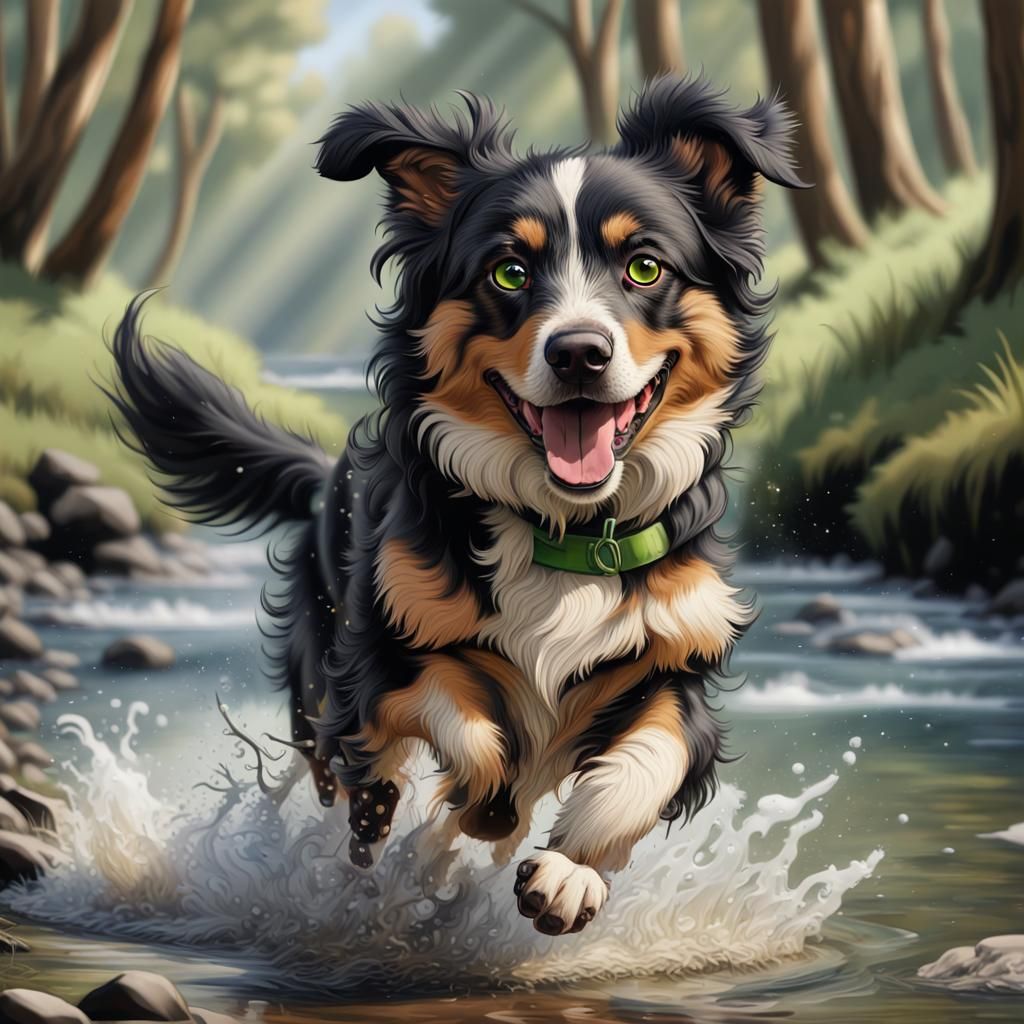 Smiling Australian Shepherd in Hyperrealistic River Scene