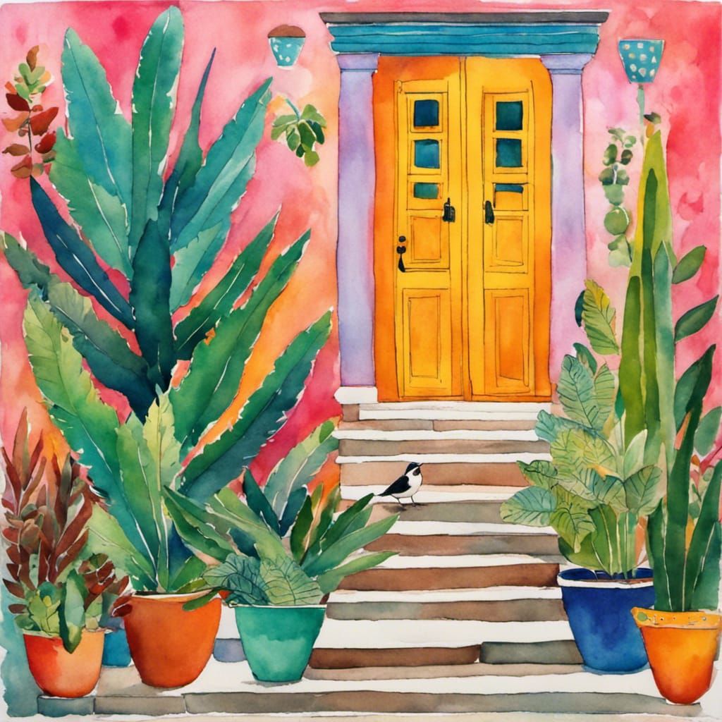 Joyful Bird at Colorful Hacienda Wall in Watercolor