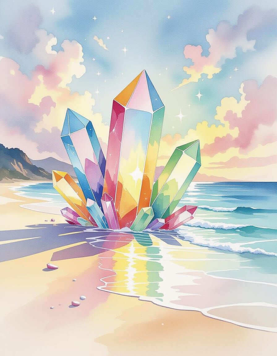 Rainbow Crystal Shards on a Pastel Beach