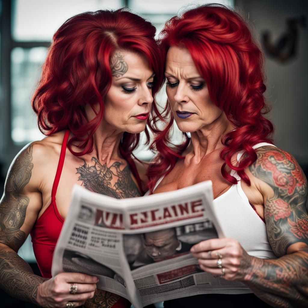Female Bodybuilders Kissing and Reading Newspaper