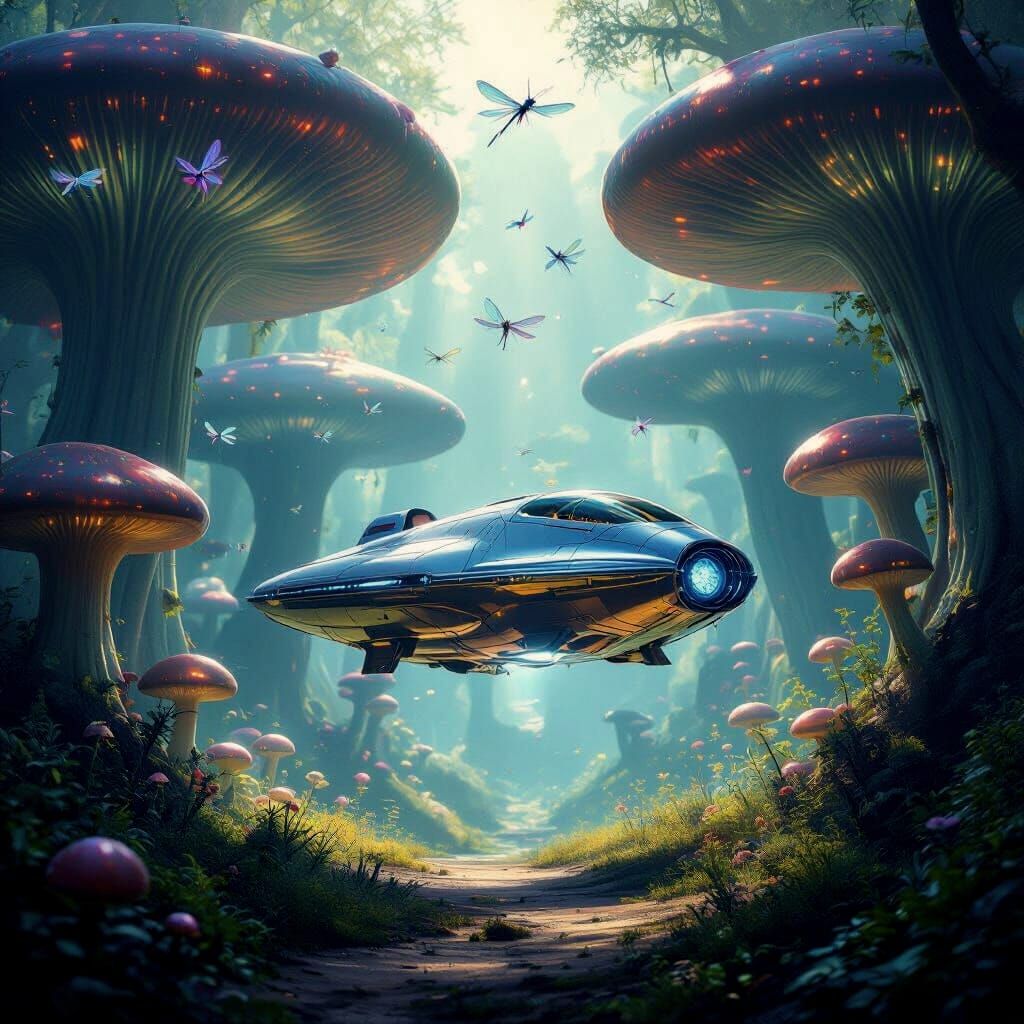 Futuristic Spaceship Lands in Giant Mushroom Forest