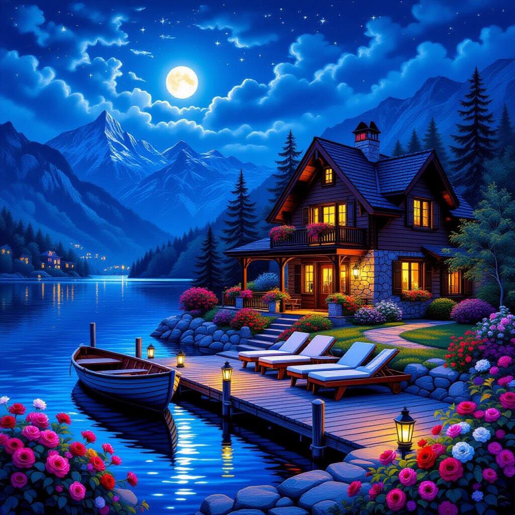 Picturesque Lakeside House at Night in Airbrush Style