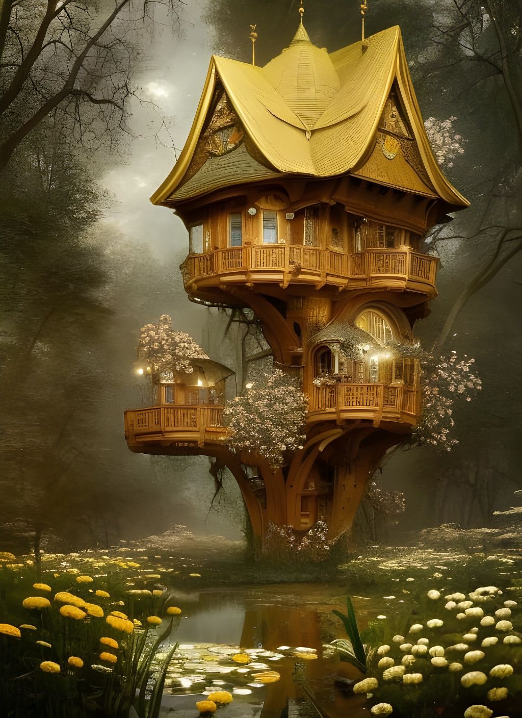 Detailed Treehouse in Russian Garden, Art Nouveau Style