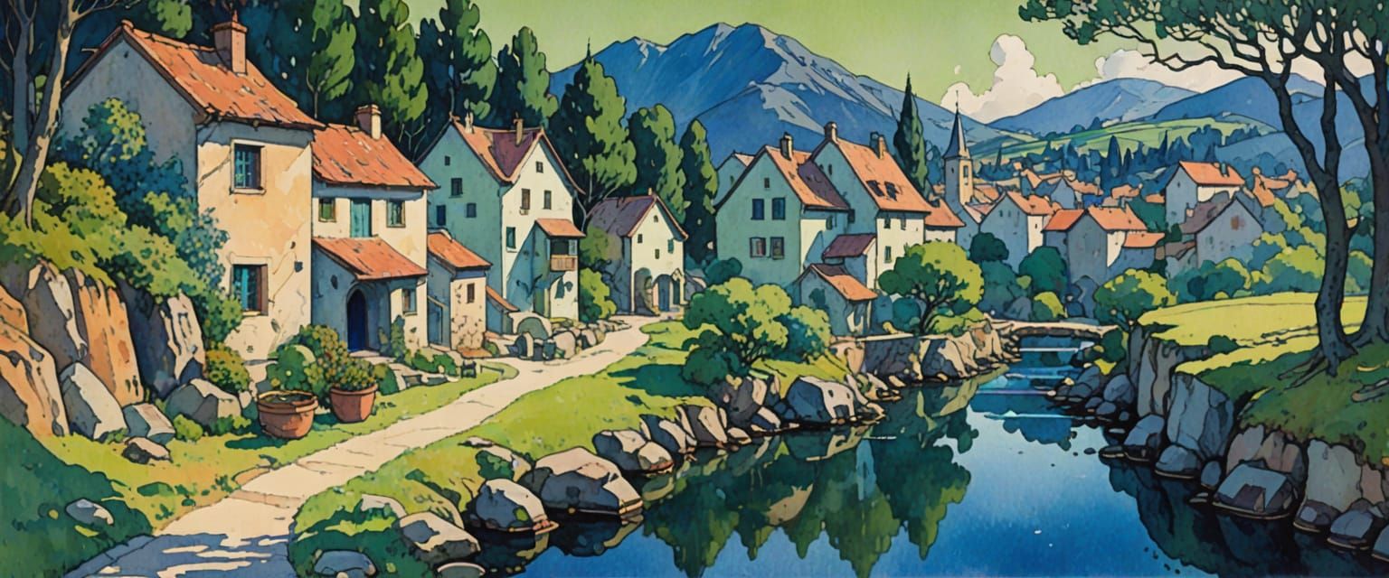 Impressionist Village in Watercolor and Gouache