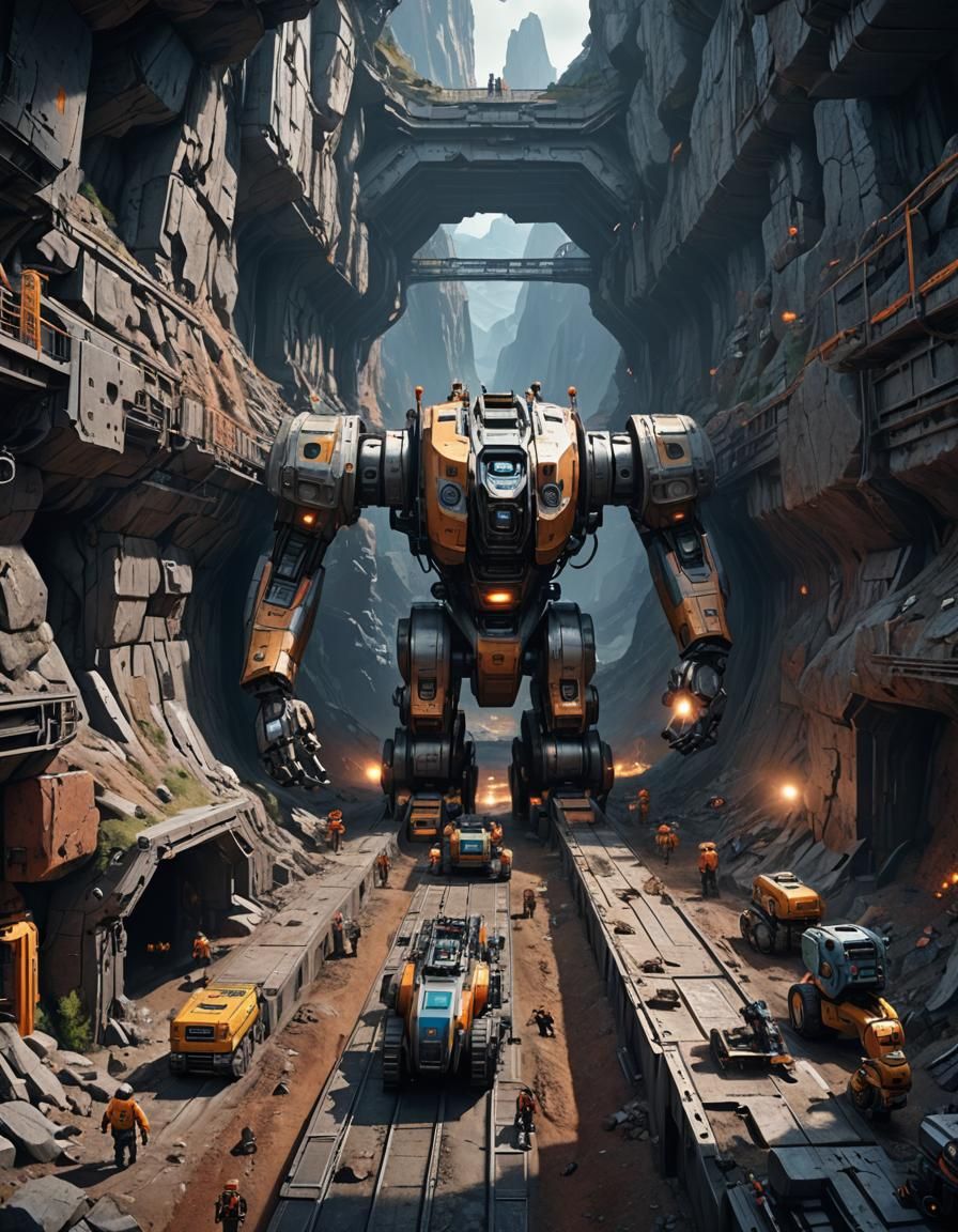 Robots Construct Tunnel in Mountain: Fantasy Concept Art