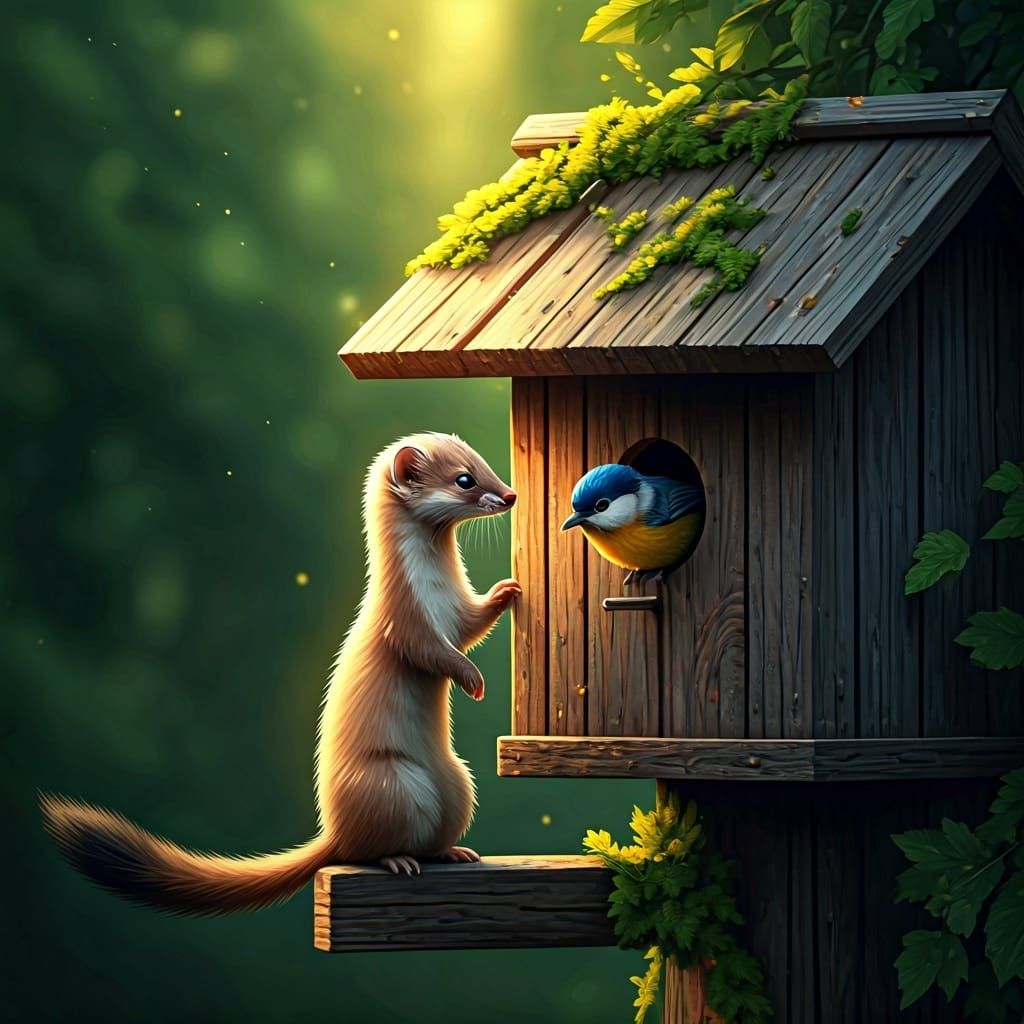 Weasel and Bird in Birdhouse, Hyperrealistic Splash Art