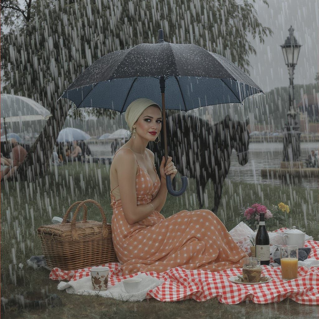 Rainy Thames Picnic in Wyndham Lewis Style