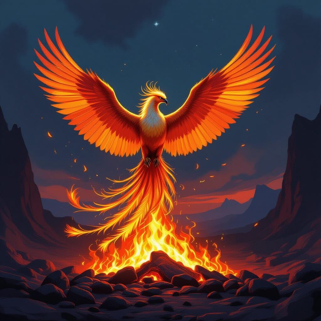 Majestic Phoenix Rises from Embers in Fantasy Illustration S...