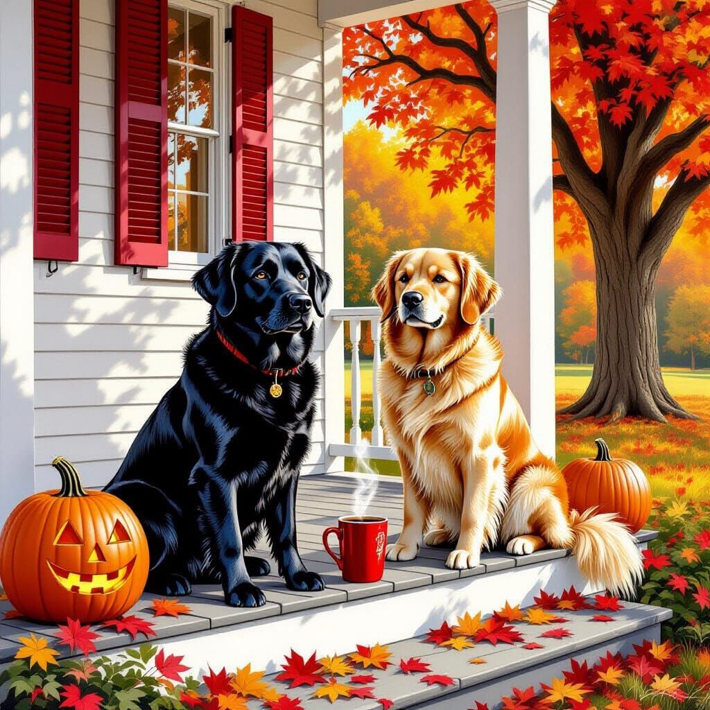 Labrador and Golden Retriever Enjoy Coffee on Autumn Farmhou...