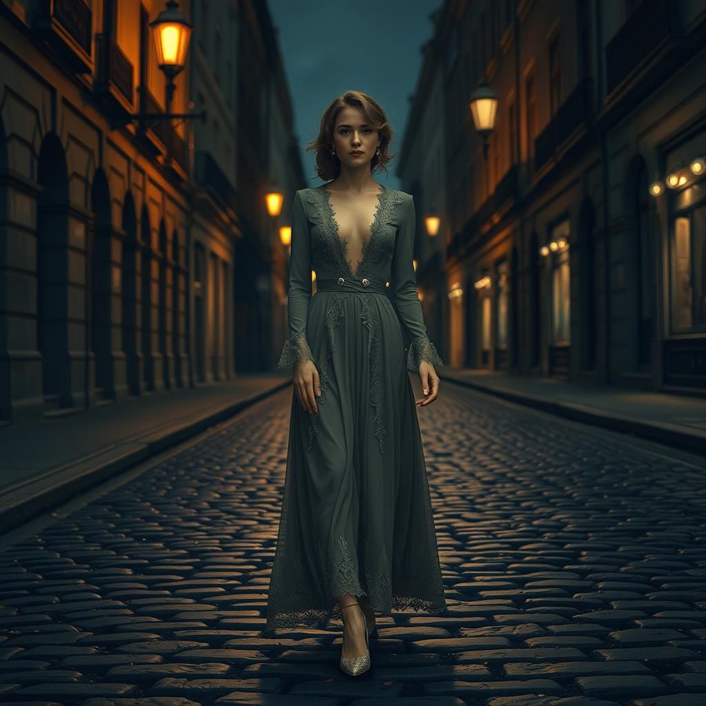 Woman Walks Down Cobblestone Street at Night