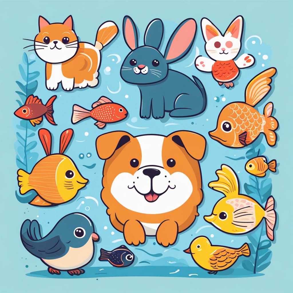 Cute Animals Together: Dog, Cat, Fish, Rabbit, Bird