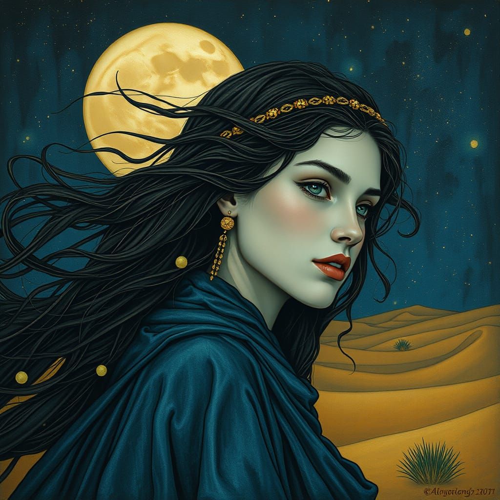 Mystical Desert Nomad Under Charcoal Blue Moonlight