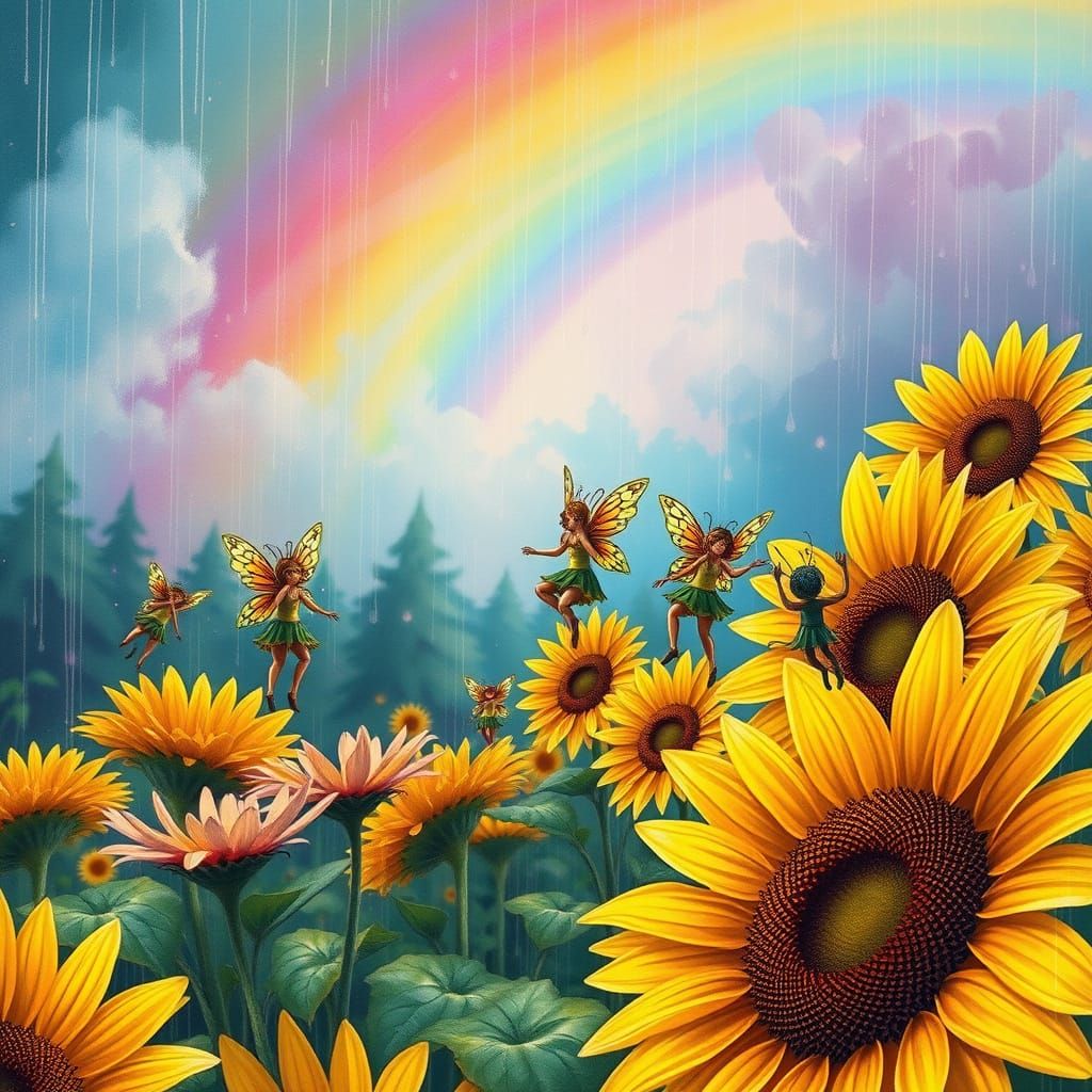 Whimsical Boho Fairies Dance Amidst Rainy Sunflowers