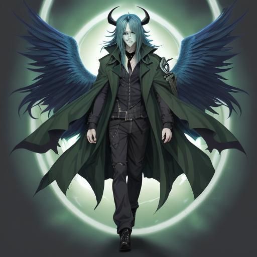 Blue Haired Angel Demon in Anime Style
