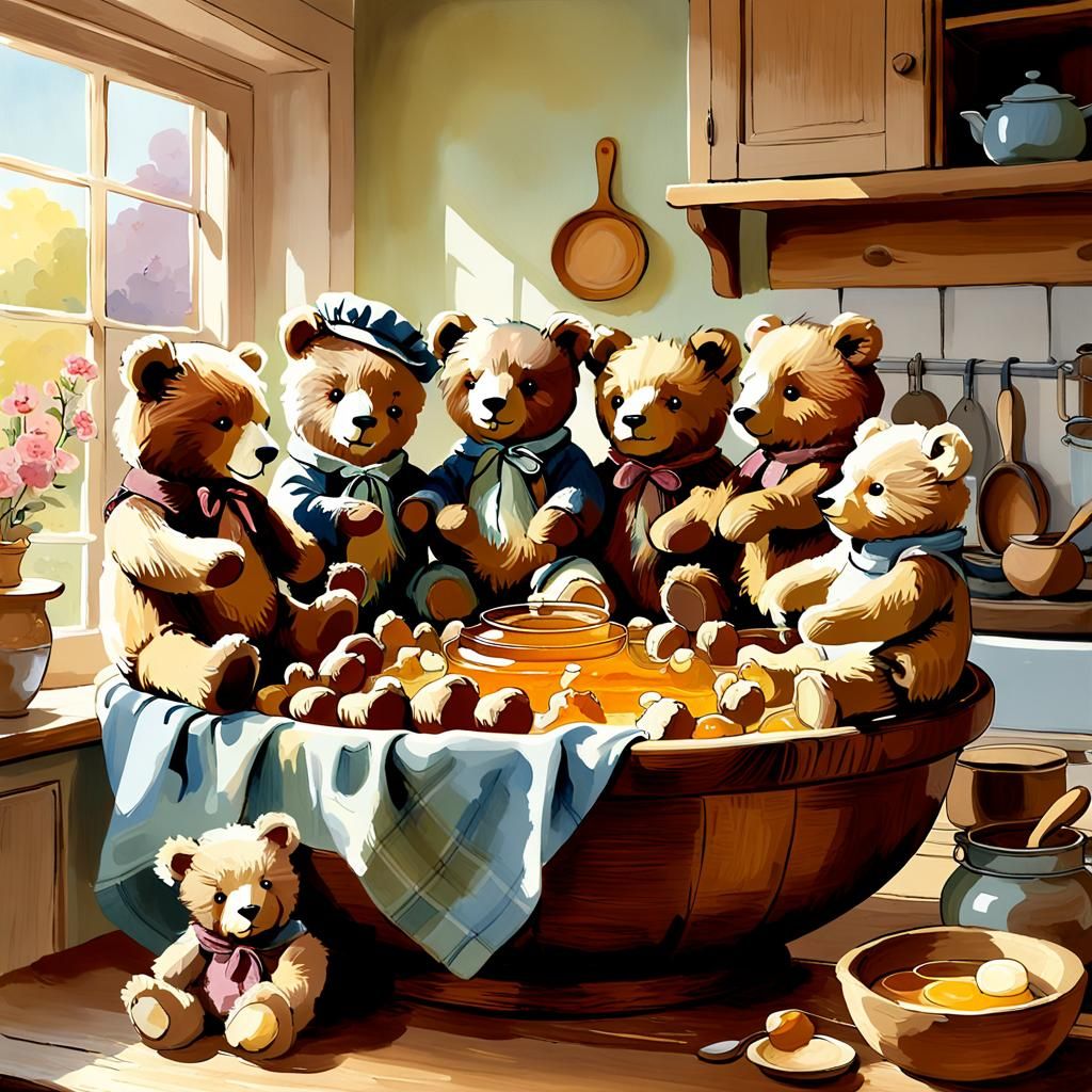Teddy Bears Sharing Honey in Sunny Kitchen