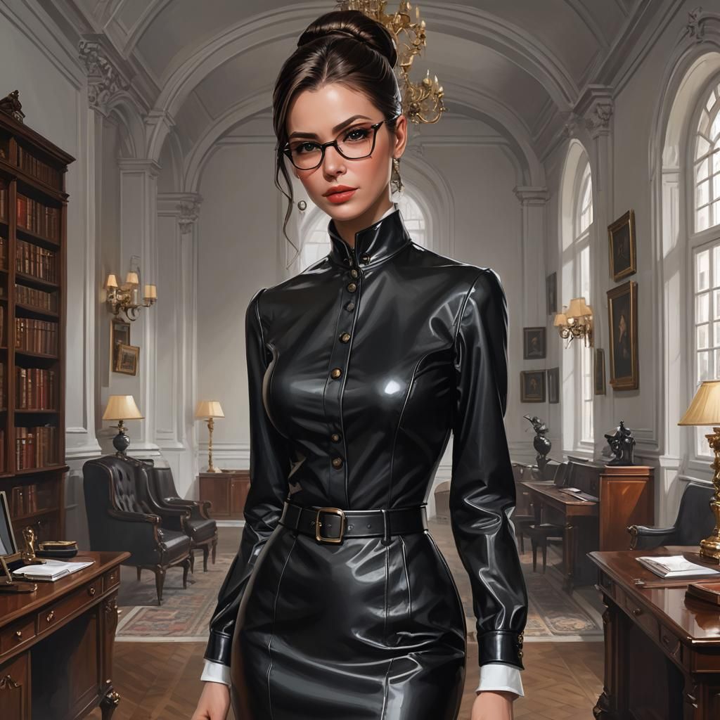 concept art, digital painting, art by STJEPAN SEJIC, stunning French woman model, brunette high straight ponytail, glass...