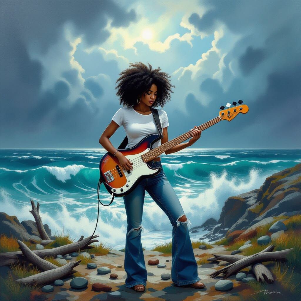 Afro-Latina Bassist on Windswept Cliff Overlooking Stormy Oc...