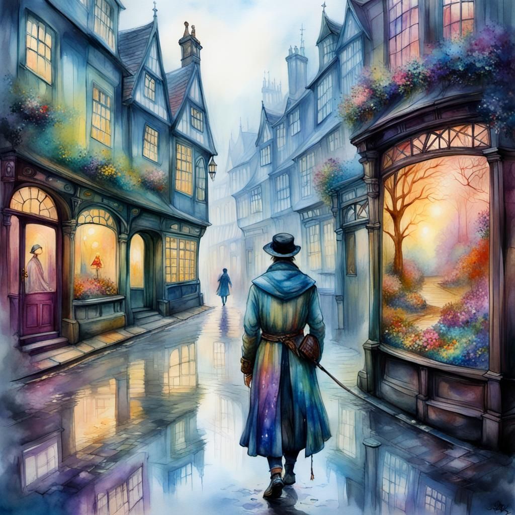 Misty Tudor Street: Fantasycore Watercolor Landscape