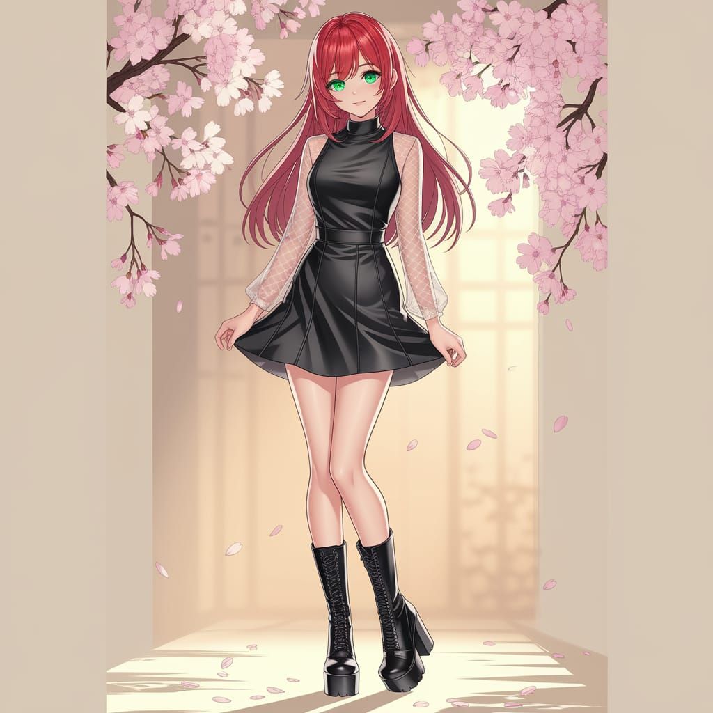 Anime Woman in Black Dress with Cherry Blossoms