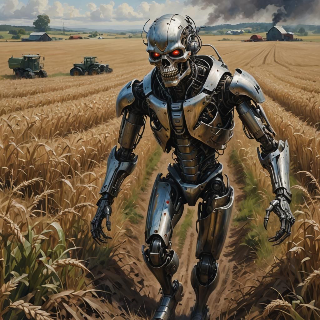 Metallic Machine Strides Through Farmland