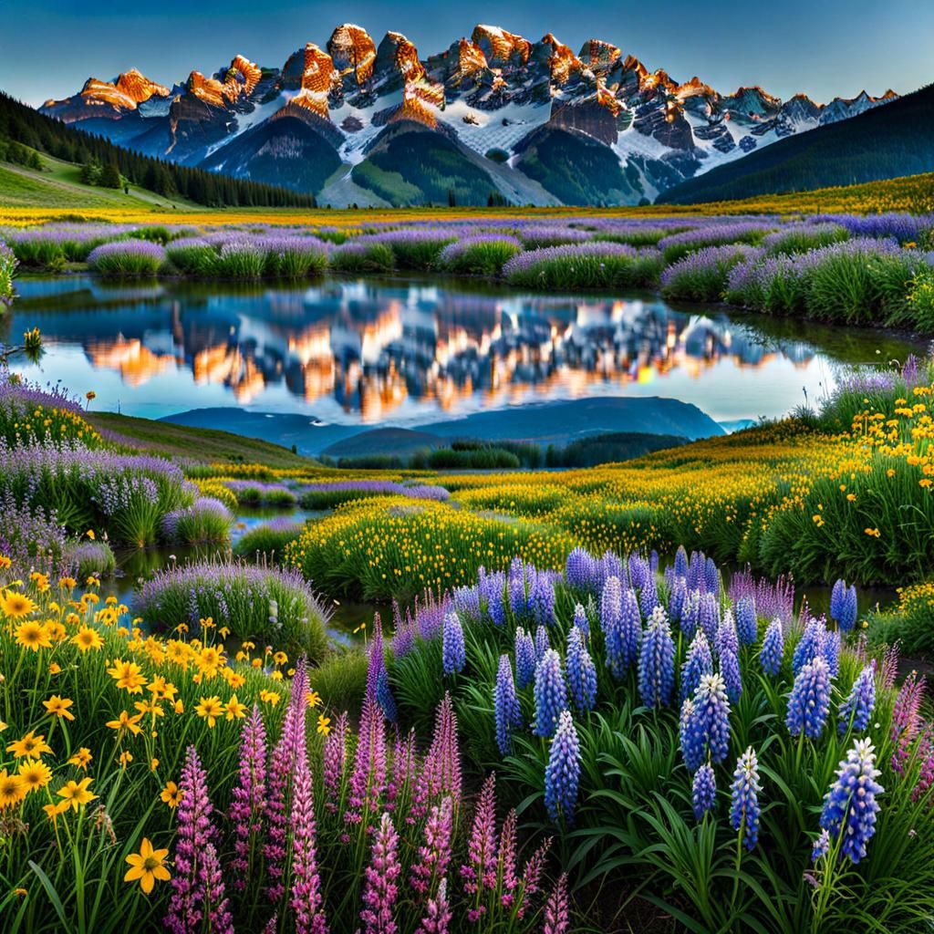 Wildflower Field with Distant Snow Mountains