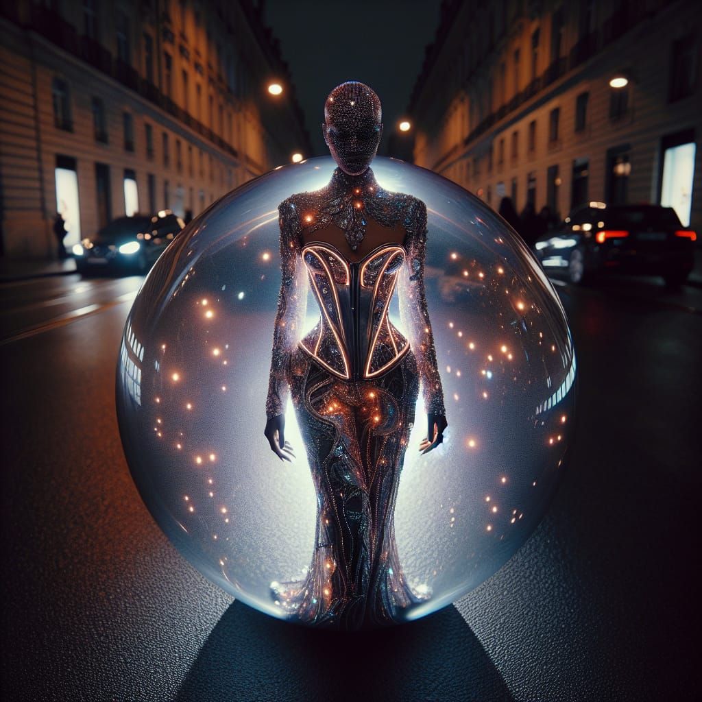 Fashion Model in Glowing Orb at Night