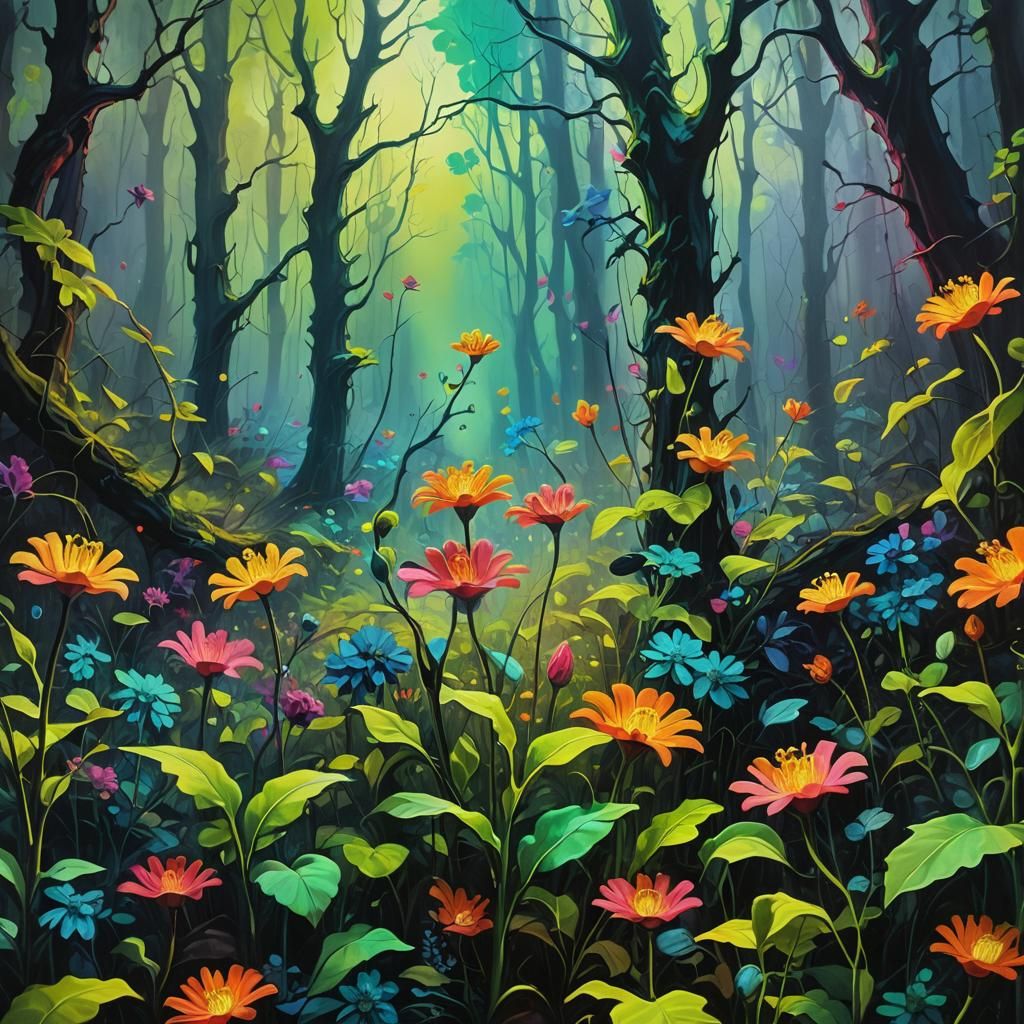 Florescent Flowers Bloom in Dark Forest Oil Painting