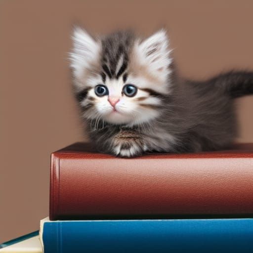 Fluffy Kitten Reading a Leather Book