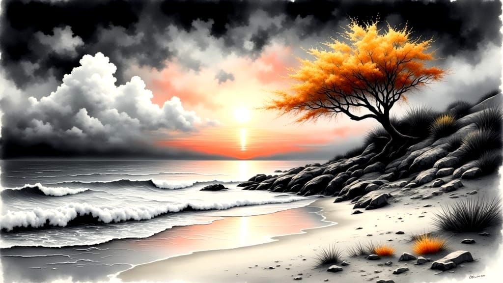 Monochrome Beach Sunset with Selective Color Pop