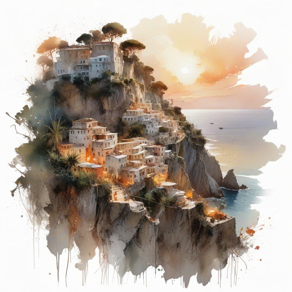 Amalfi Coast Evening in Watercolour Style