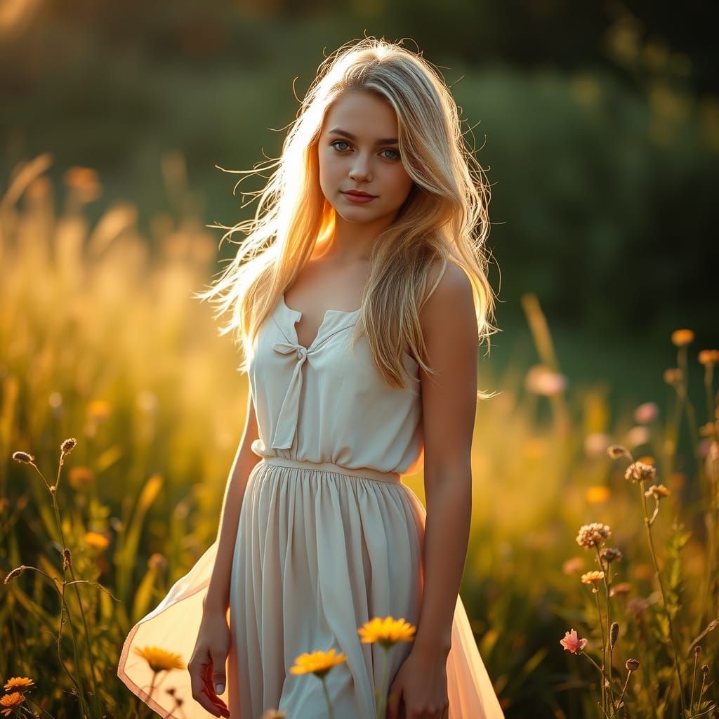 Young Woman in Meadow with Vibrant Colors