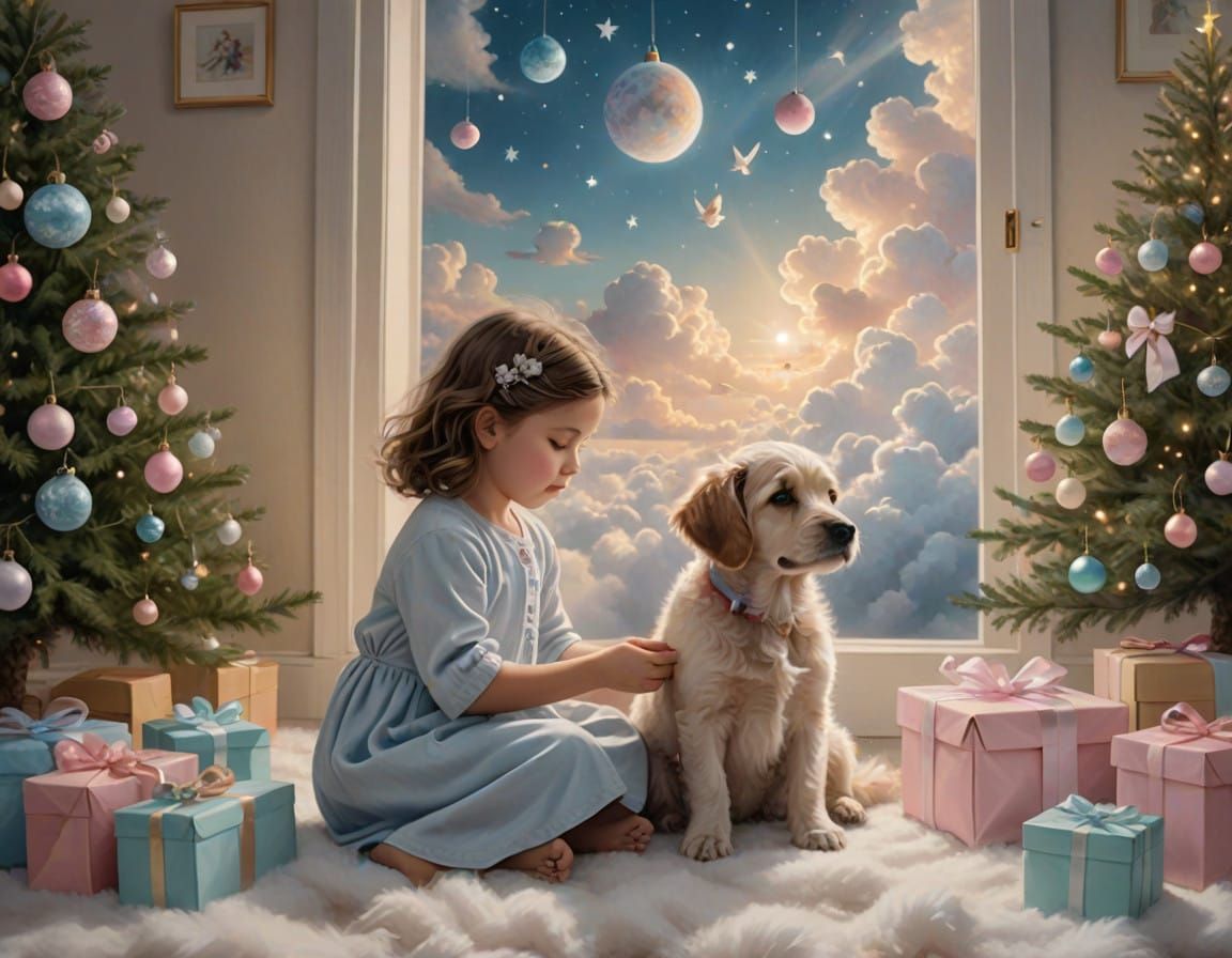 Child Unwraps Gifts in Heavenly Paradise