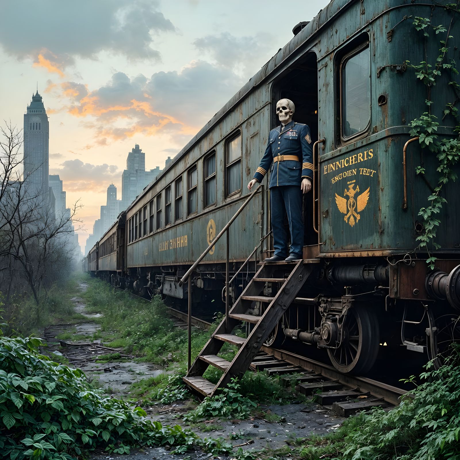 Skeleton Conductor on Abandoned Steam Train in Urban Decay