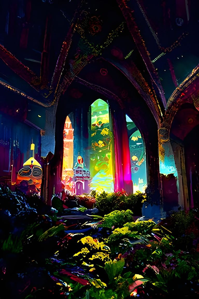 Rainbow Castle in Dark Forest: Digital Matte Painting