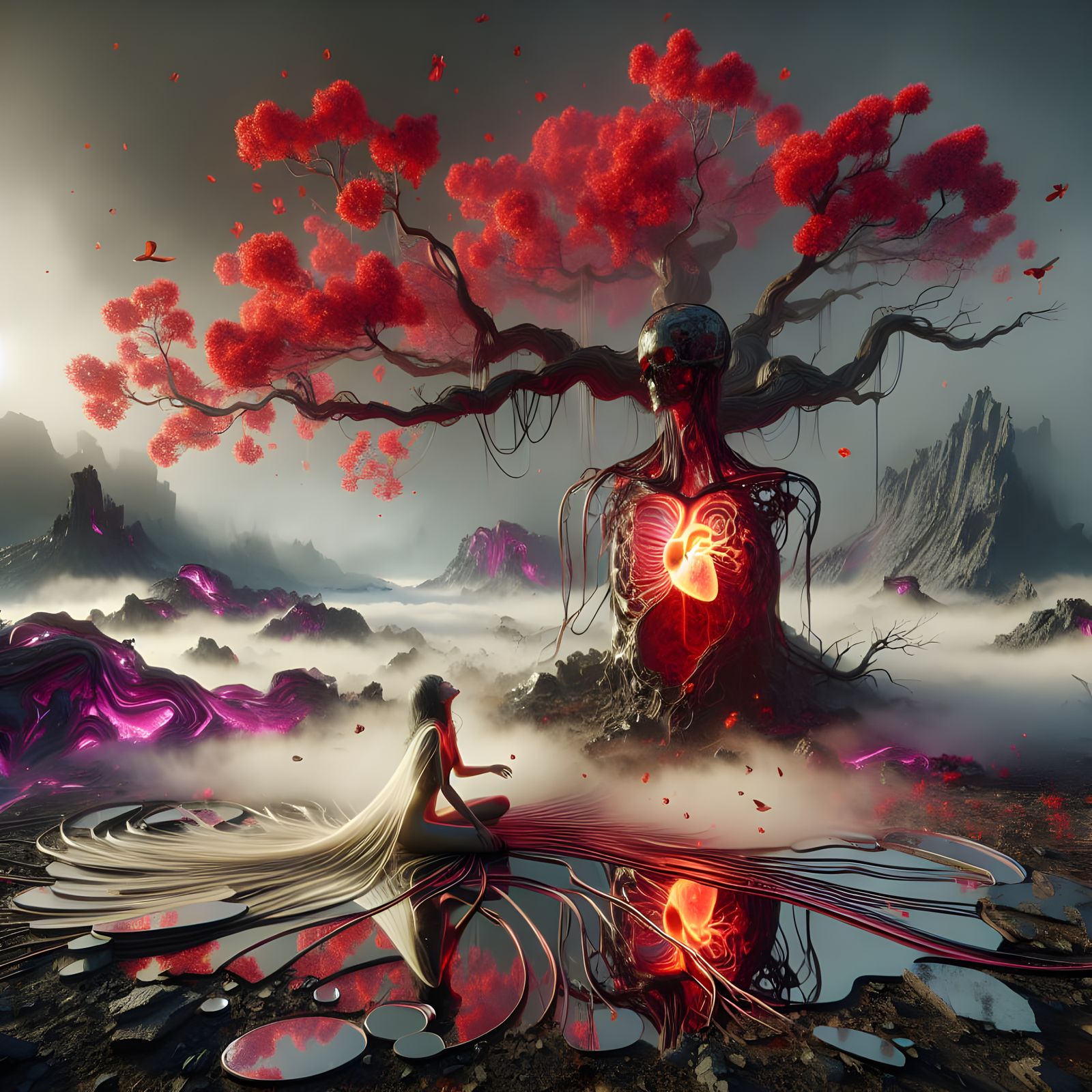 Surreal Valley Scene with Translucent Woman and Tree