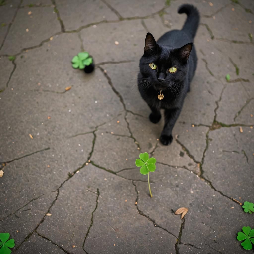 Lucky Black Cat with Four-Leaf Clover