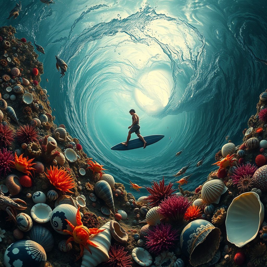 Realistic Underwater Scene with Surfer and Oceanic Life in H...